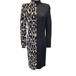 Bar III Women's Colorblock Leopard Sweater Dress S long sleeve high neck chic